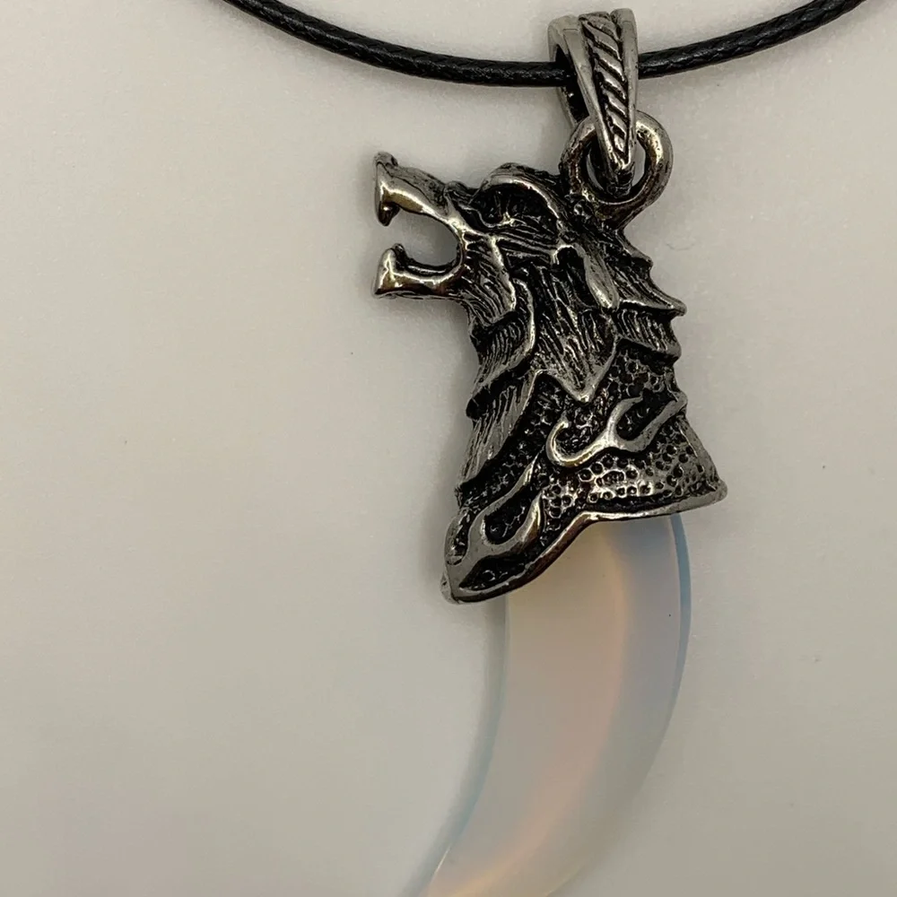 Wolf Tooth Pendant | Mens Crystal Necklace | Opalite Necklace | Boyfriend Gift